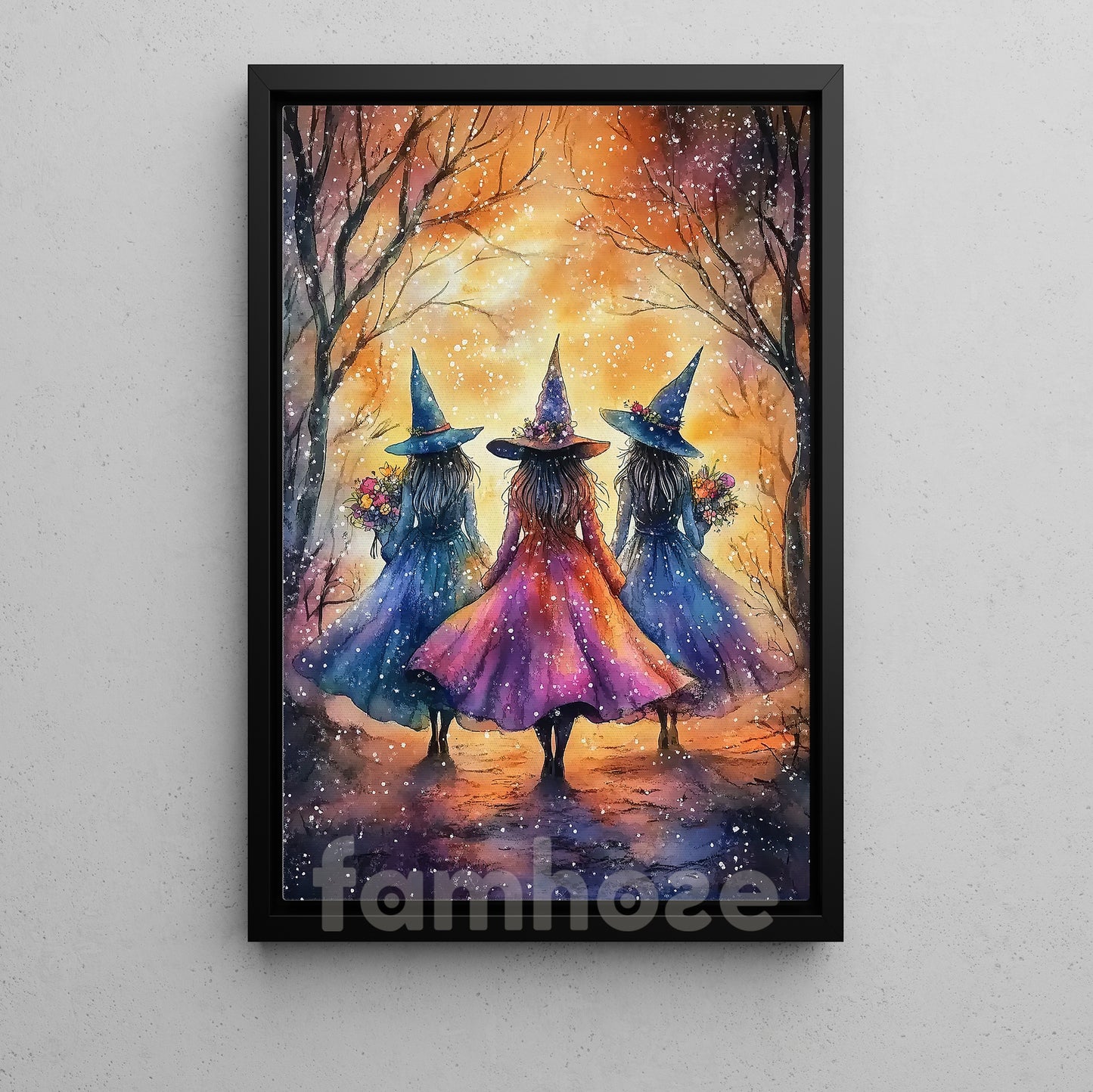 Halloween Witch Canvas Painting, Sisterhood Witch Trio Wall Art Decor Spooky Season Poster Gift For Witch Lovers