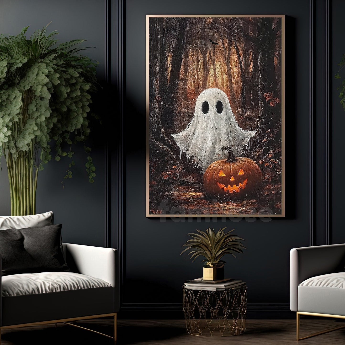 Halloween Boo Canvas Painting, Jack & Little Ghost In The Woods Wall Art Decor, Spooky Season Poster Gift For Ghost Lovers