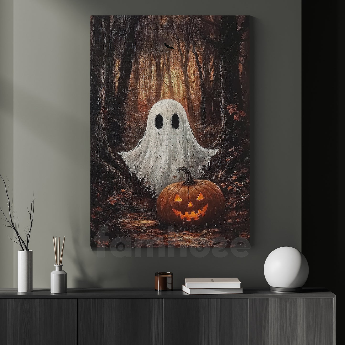 Halloween Boo Canvas Painting, Jack & Little Ghost In The Woods Wall Art Decor, Spooky Season Poster Gift For Ghost Lovers