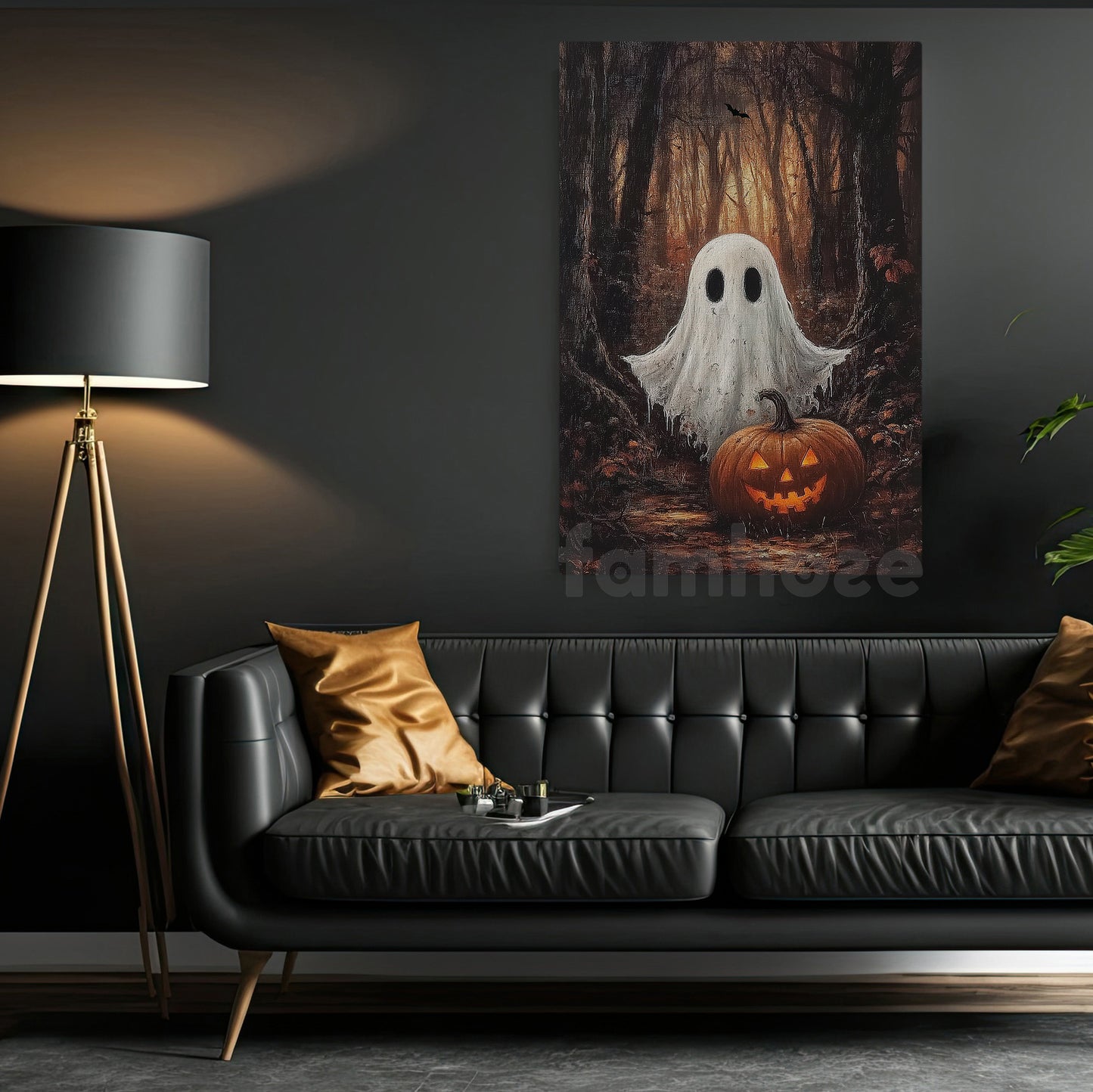 Halloween Boo Canvas Painting, Jack & Little Ghost In The Woods Wall Art Decor, Spooky Season Poster Gift For Ghost Lovers