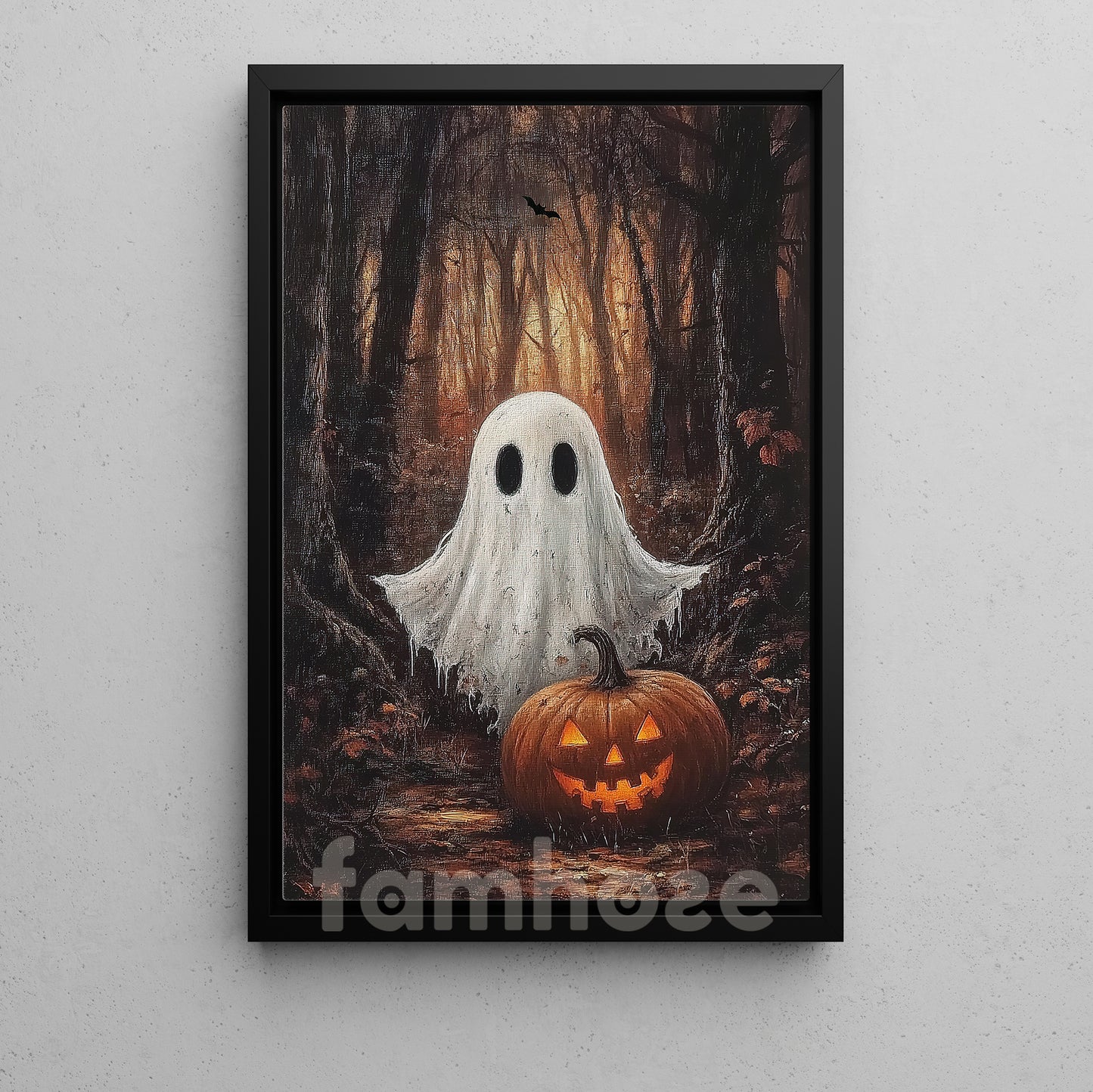 Halloween Boo Canvas Painting, Jack & Little Ghost In The Woods Wall Art Decor, Spooky Season Poster Gift For Ghost Lovers