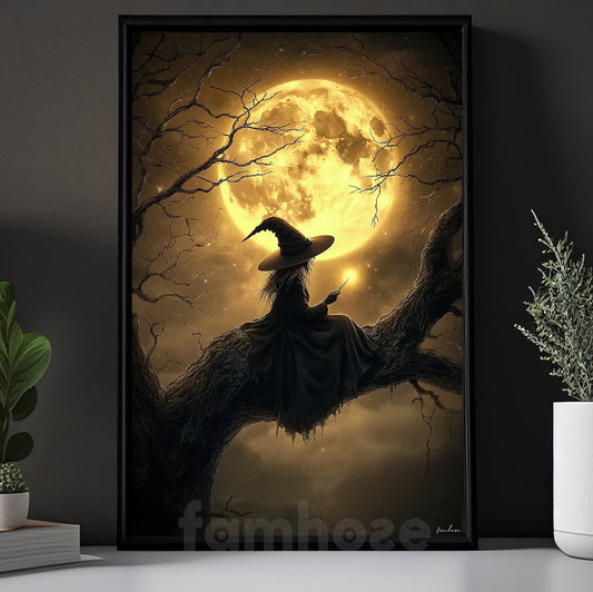 Halloween Witch Canvas Painting, Mystical Witch At Night Wall Art Decor Spooky Season Poster Gift For Witch Lovers