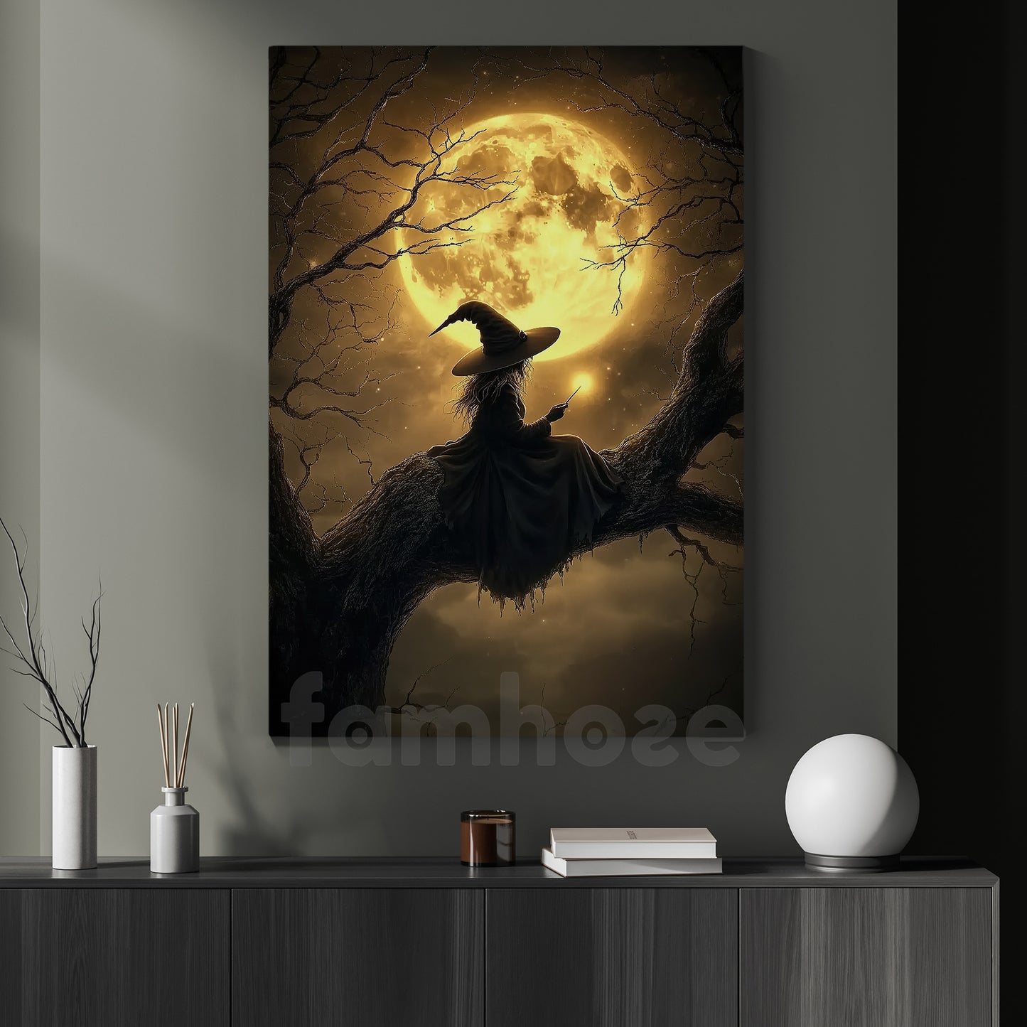 Halloween Witch Canvas Painting, Mystical Witch At Night Wall Art Decor Spooky Season Poster Gift For Witch Lovers