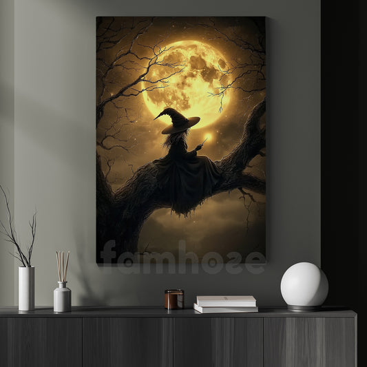 Halloween Witch Canvas Painting, Mystical Witch At Night Wall Art Decor Spooky Season Poster Gift For Witch Lovers