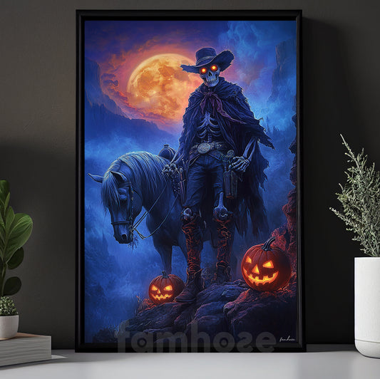 Realistic Halloween Ghost Cowboy Canvas Painting, Skeleton Cowboy With Horse Wall Art Decor, Spooky Season Poster Gift For Cowboy, Skeleton Lovers