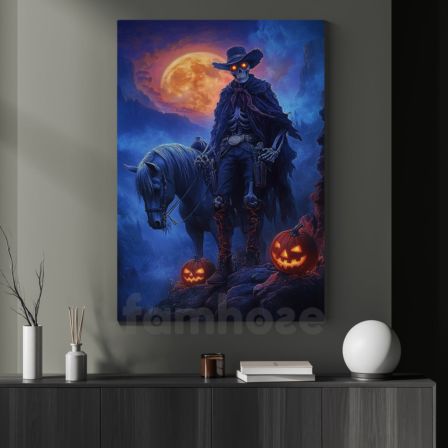 Realistic Halloween Ghost Cowboy Canvas Painting, Skeleton Cowboy With Horse Wall Art Decor, Spooky Season Poster Gift For Cowboy, Skeleton Lovers