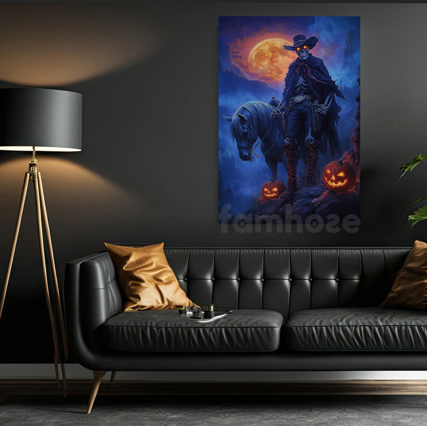 Realistic Halloween Ghost Cowboy Canvas Painting, Skeleton Cowboy With Horse Wall Art Decor, Spooky Season Poster Gift For Cowboy, Skeleton Lovers
