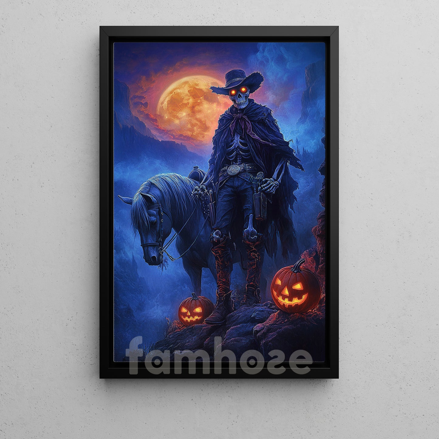 Realistic Halloween Ghost Cowboy Canvas Painting, Skeleton Cowboy With Horse Wall Art Decor, Spooky Season Poster Gift For Cowboy, Skeleton Lovers