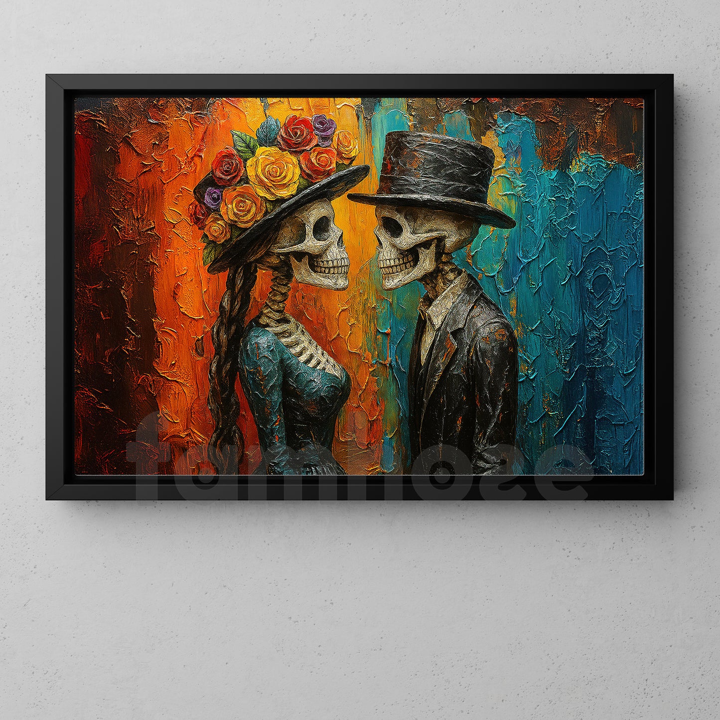 Halloween Skeleton Couple Canvas Painting, Day Of The Dead Couple Spooky Season Wall Art Decor, Poster Gift For Seleton Lovers