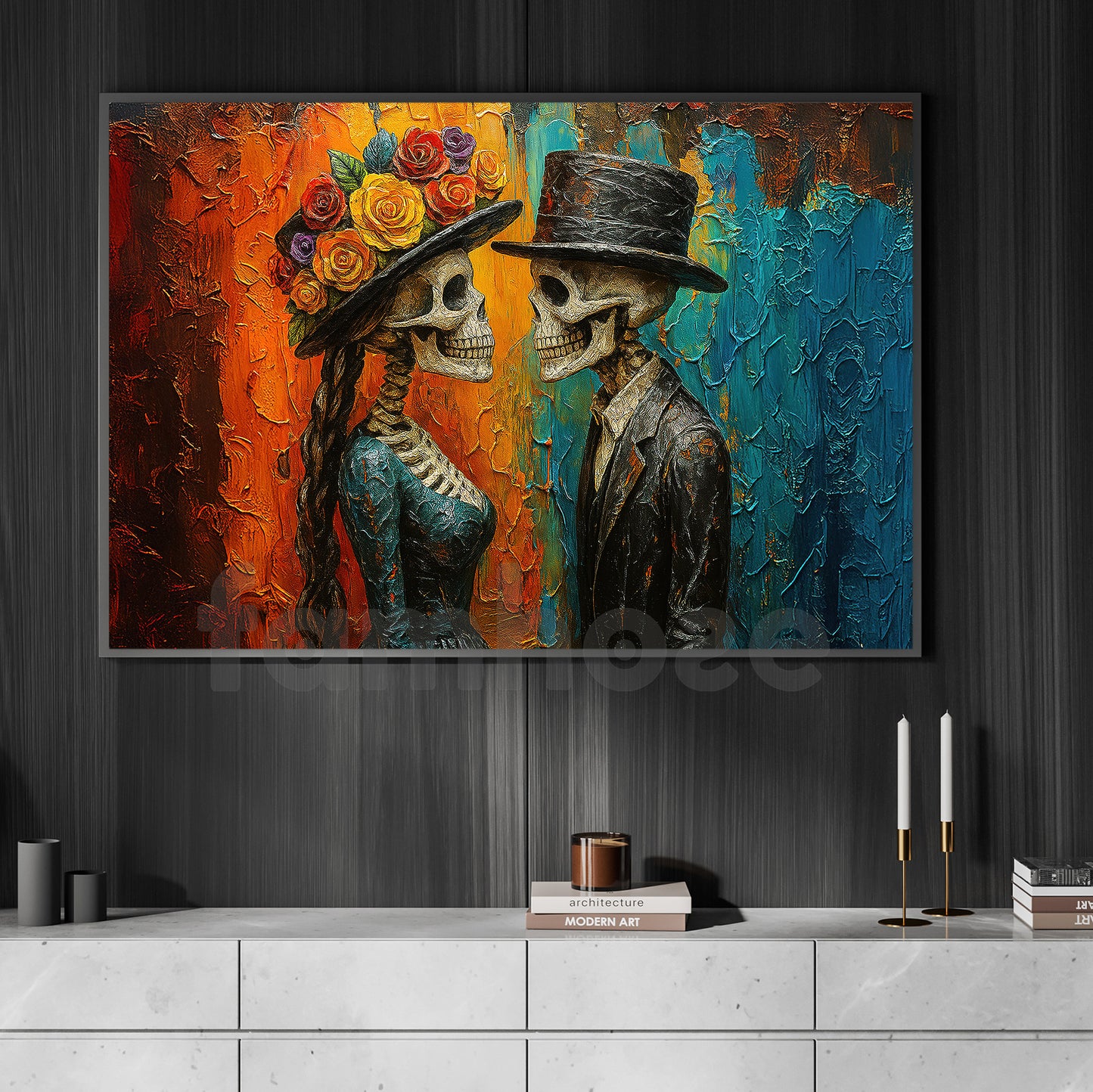 Halloween Skeleton Couple Canvas Painting, Day Of The Dead Couple Spooky Season Wall Art Decor, Poster Gift For Seleton Lovers