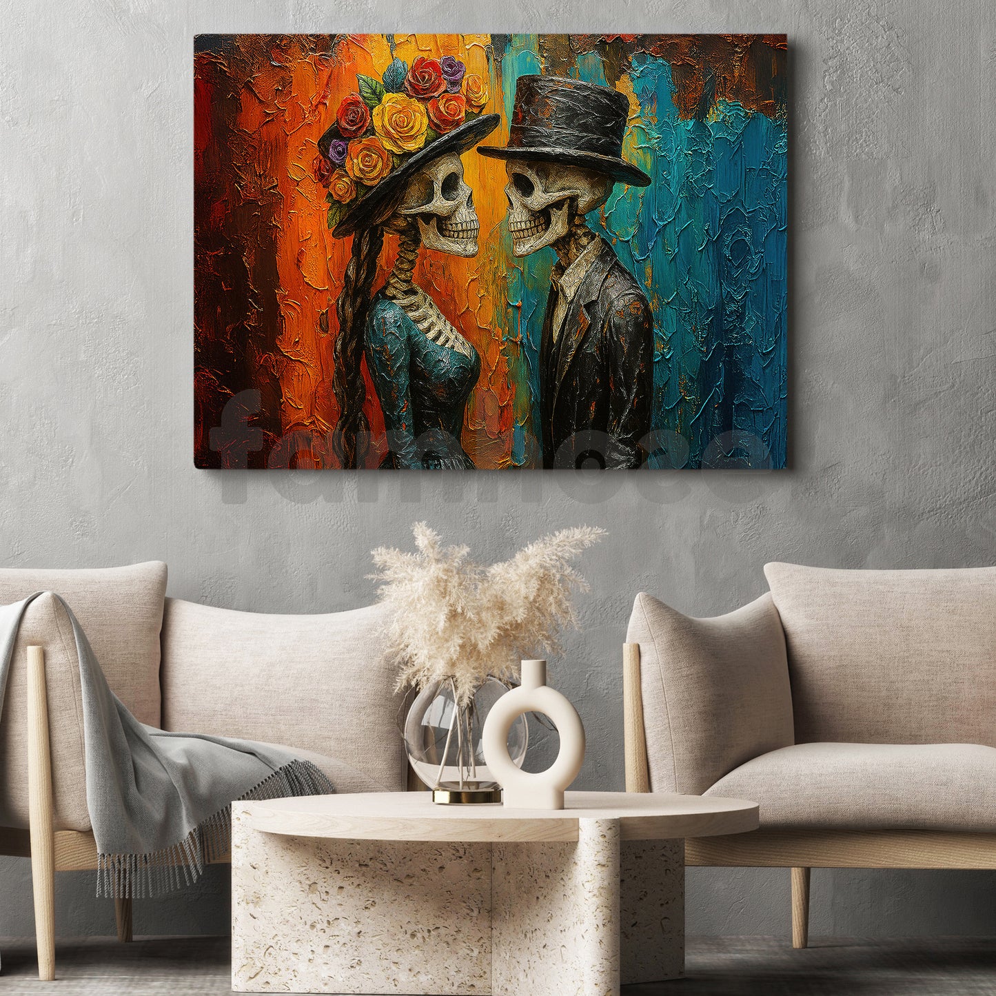 Halloween Skeleton Couple Canvas Painting, Day Of The Dead Couple Spooky Season Wall Art Decor, Poster Gift For Seleton Lovers