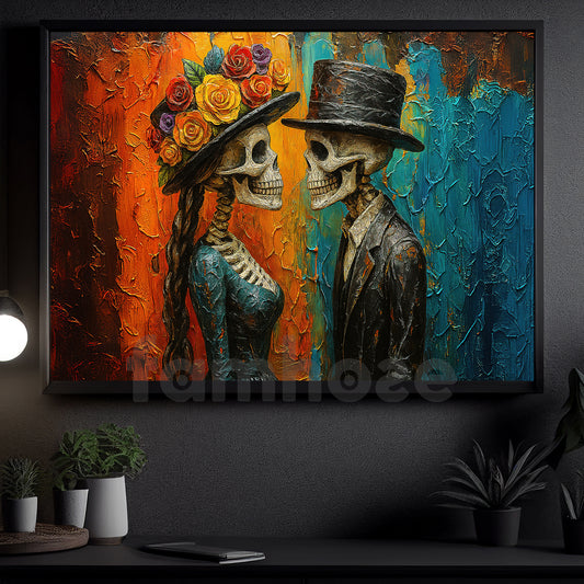 Halloween Skeleton Couple Canvas Painting, Day Of The Dead Couple Spooky Season Wall Art Decor, Poster Gift For Seleton Lovers