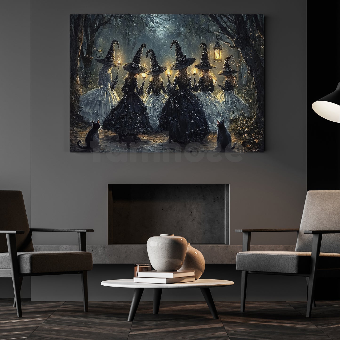 Halloween Witch Canvas Painting, Enchanted Witches Night Digital Oil Wall Art Decor, Spooky Season Poster Gift To Decor House Or Office