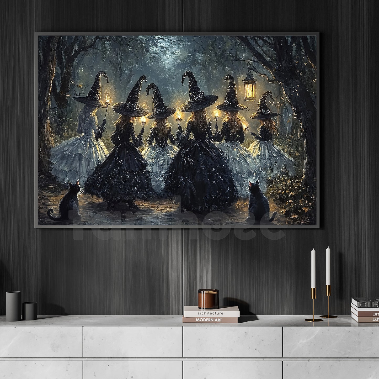 Halloween Witch Canvas Painting, Enchanted Witches Night Digital Oil Wall Art Decor, Spooky Season Poster Gift To Decor House Or Office