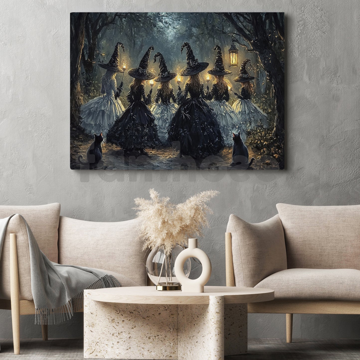 Halloween Witch Canvas Painting, Enchanted Witches Night Digital Oil Wall Art Decor, Spooky Season Poster Gift To Decor House Or Office