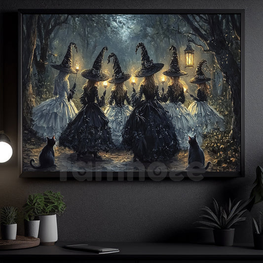 Halloween Witch Canvas Painting, Enchanted Witches Night Digital Oil Wall Art Decor, Spooky Season Poster Gift To Decor House Or Office