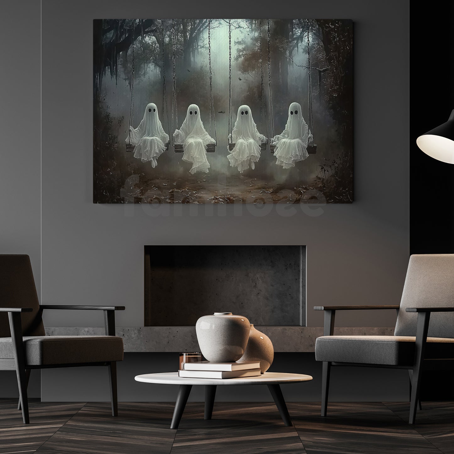 Halloween Ghost Canvas Painting, Four Ghosts On Swings Wall Art Decor, Spooky Season Poster Gift For Ghost Lovers