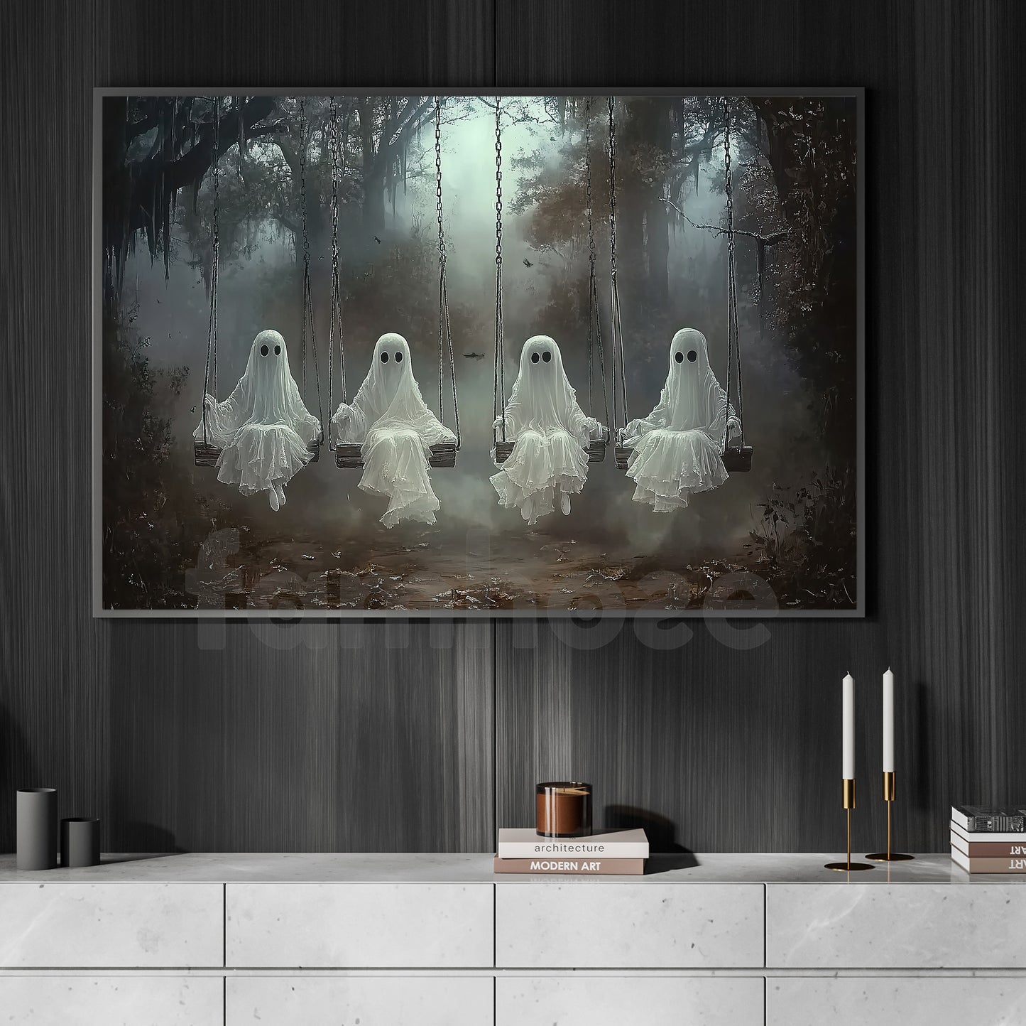 Halloween Ghost Canvas Painting, Four Ghosts On Swings Wall Art Decor, Spooky Season Poster Gift For Ghost Lovers