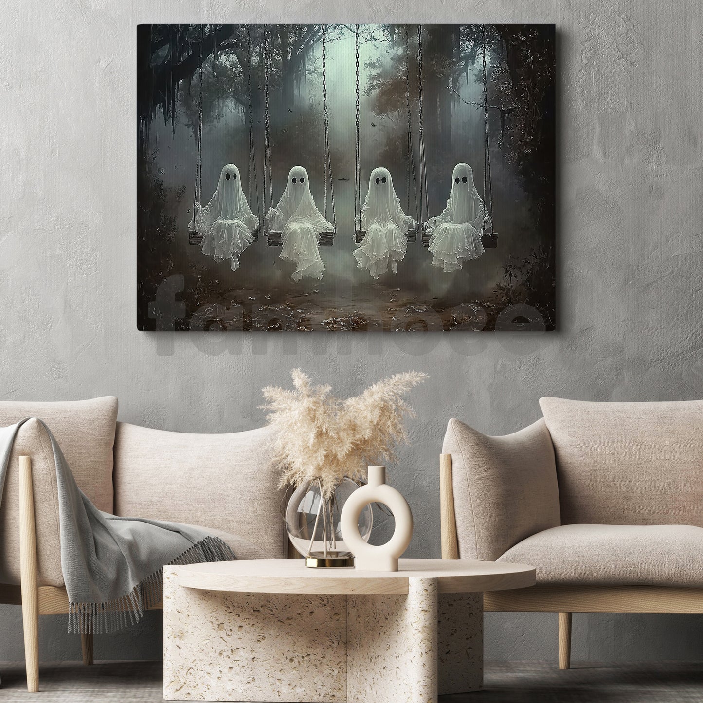 Halloween Ghost Canvas Painting, Four Ghosts On Swings Wall Art Decor, Spooky Season Poster Gift For Ghost Lovers