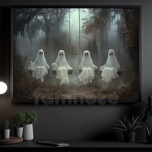 Halloween Ghost Canvas Painting, Four Ghosts On Swings Wall Art Decor, Spooky Season Poster Gift For Ghost Lovers