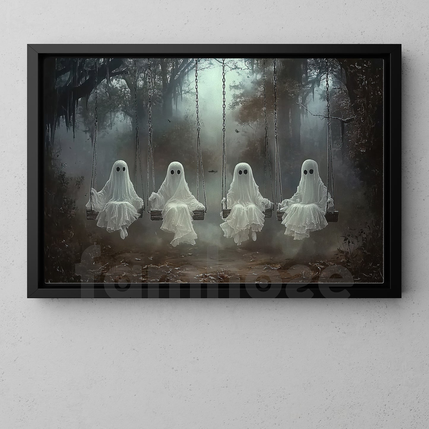 Halloween Ghost Canvas Painting, Four Ghosts On Swings Wall Art Decor, Spooky Season Poster Gift For Ghost Lovers