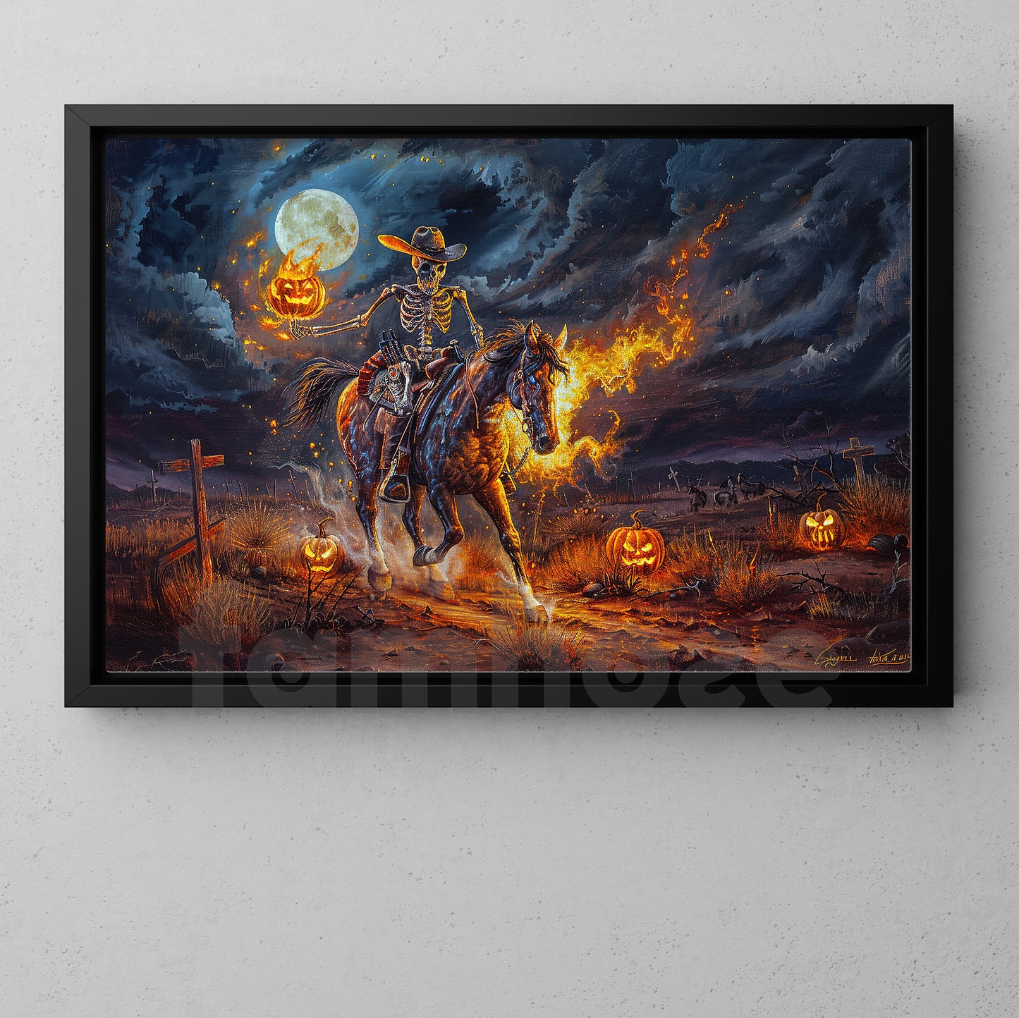 Halloween Skeleton Cowboy Oil Painting, Skeleton Fire Horse Wall Art Decor, Spooky Season Poster Gift For Cowboy, Horse Riding Lovers