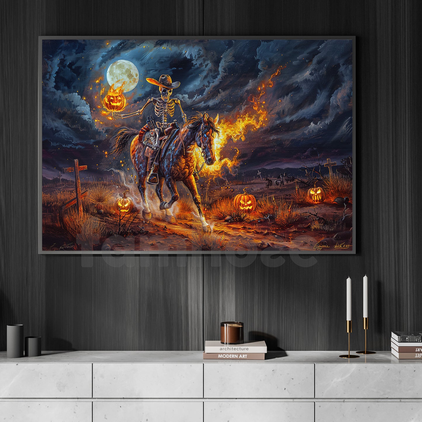 Halloween Skeleton Cowboy Oil Painting, Skeleton Fire Horse Wall Art Decor, Spooky Season Poster Gift For Cowboy, Horse Riding Lovers