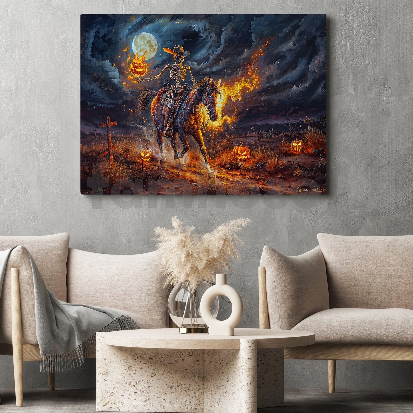 Halloween Skeleton Cowboy Oil Painting, Skeleton Fire Horse Wall Art Decor, Spooky Season Poster Gift For Cowboy, Horse Riding Lovers
