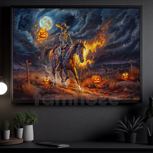 Halloween Skeleton Cowboy Oil Painting, Skeleton Fire Horse Wall Art Decor, Spooky Season Poster Gift For Cowboy, Horse Riding Lovers