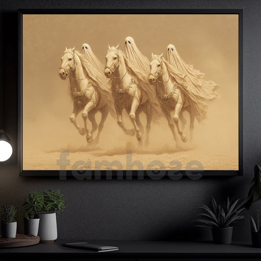 Halloween Ghost Horse Canvas Painting, Ghost Riders Crossing The Desert Sands Wall Art Decor, Spooky Season Poster Gift For Horse Lovers