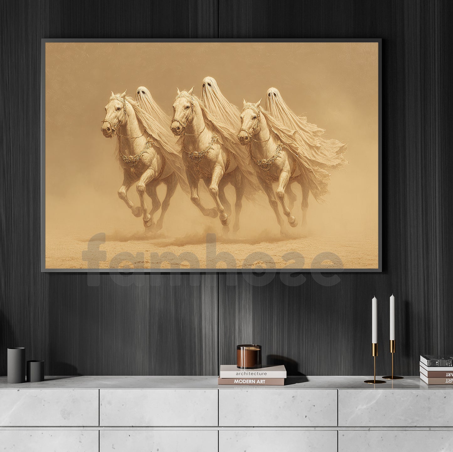 Halloween Ghost Horse Canvas Painting, Ghost Riders Crossing The Desert Sands Wall Art Decor, Spooky Season Poster Gift For Horse Lovers