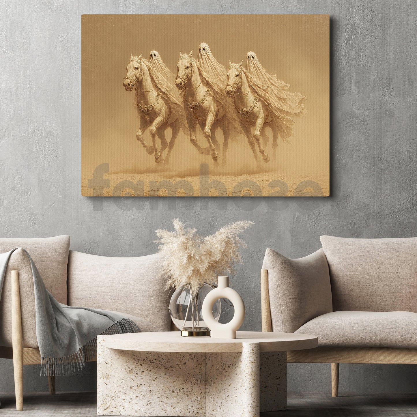 Halloween Ghost Horse Canvas Painting, Ghost Riders Crossing The Desert Sands Wall Art Decor, Spooky Season Poster Gift For Horse Lovers