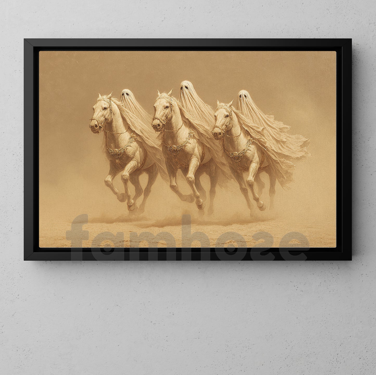 Halloween Ghost Horse Canvas Painting, Ghost Riders Crossing The Desert Sands Wall Art Decor, Spooky Season Poster Gift For Horse Lovers