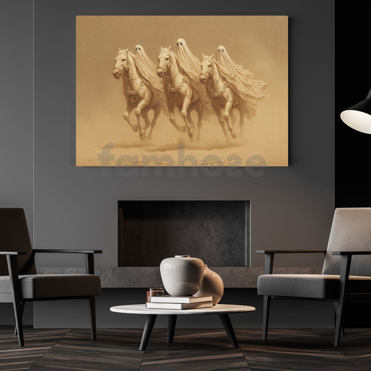 Halloween Ghost Horse Canvas Painting, Ghost Riders Crossing The Desert Sands Wall Art Decor, Spooky Season Poster Gift For Horse Lovers