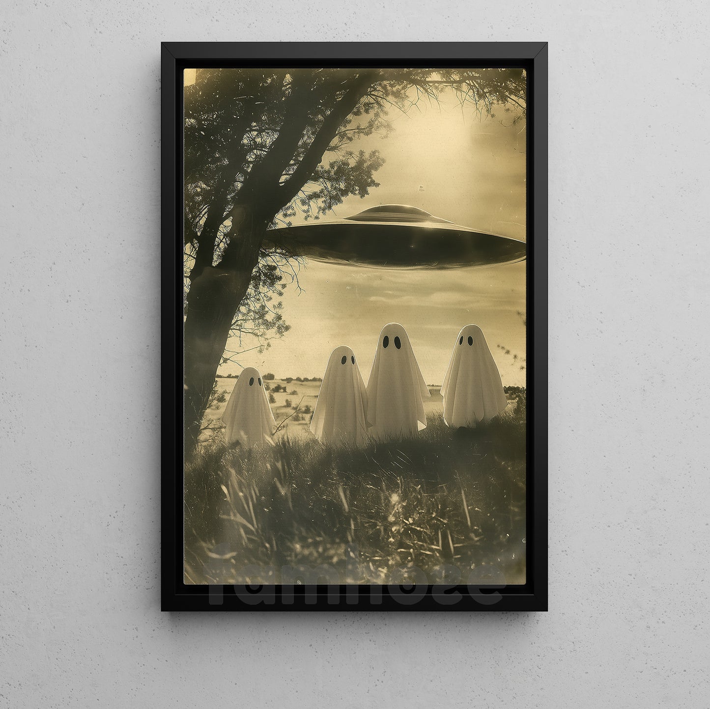 Halloween UFO Boo Canvas Painting, Ghost Getting Beamed Up By UFO Wall Art Decor Spooky Season Poster Gift For Boo Lovers, UFO Lovers