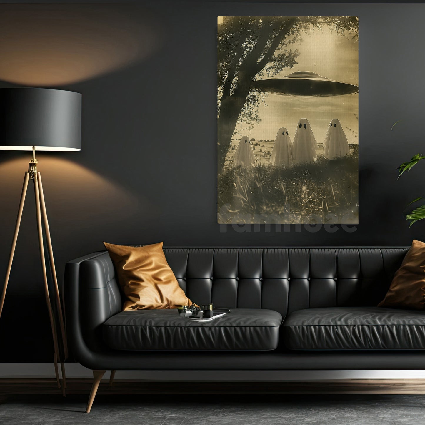 Halloween UFO Boo Canvas Painting, Ghost Getting Beamed Up By UFO Wall Art Decor Spooky Season Poster Gift For Boo Lovers, UFO Lovers