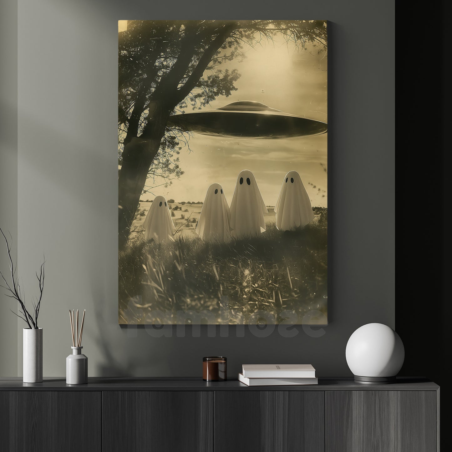 Halloween UFO Boo Canvas Painting, Ghost Getting Beamed Up By UFO Wall Art Decor Spooky Season Poster Gift For Boo Lovers, UFO Lovers