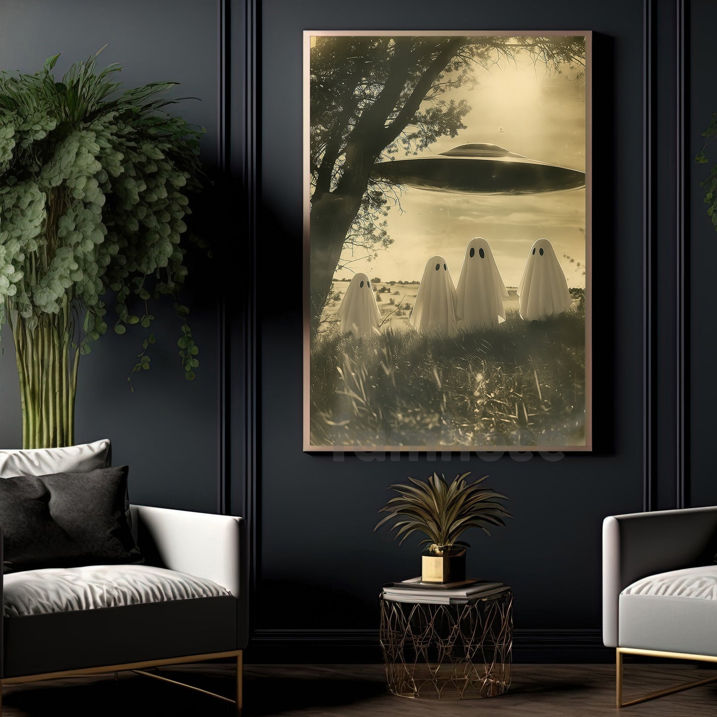 Halloween UFO Boo Canvas Painting, Ghost Getting Beamed Up By UFO Wall Art Decor Spooky Season Poster Gift For Boo Lovers, UFO Lovers