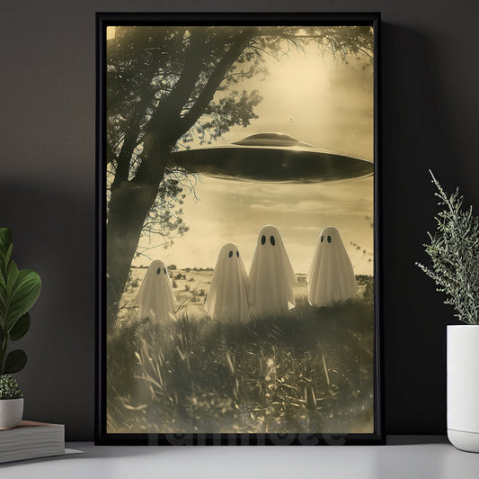 Halloween UFO Boo Canvas Painting, Ghost Getting Beamed Up By UFO Wall Art Decor Spooky Season Poster Gift For Boo Lovers, UFO Lovers
