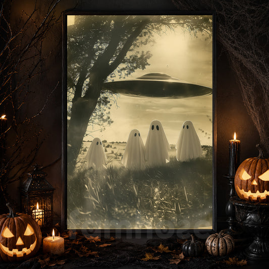 Halloween UFO Boo Canvas Painting, Ghost Getting Beamed Up By UFO Wall Art Decor Spooky Season Poster Gift For Boo Lovers, UFO Lovers