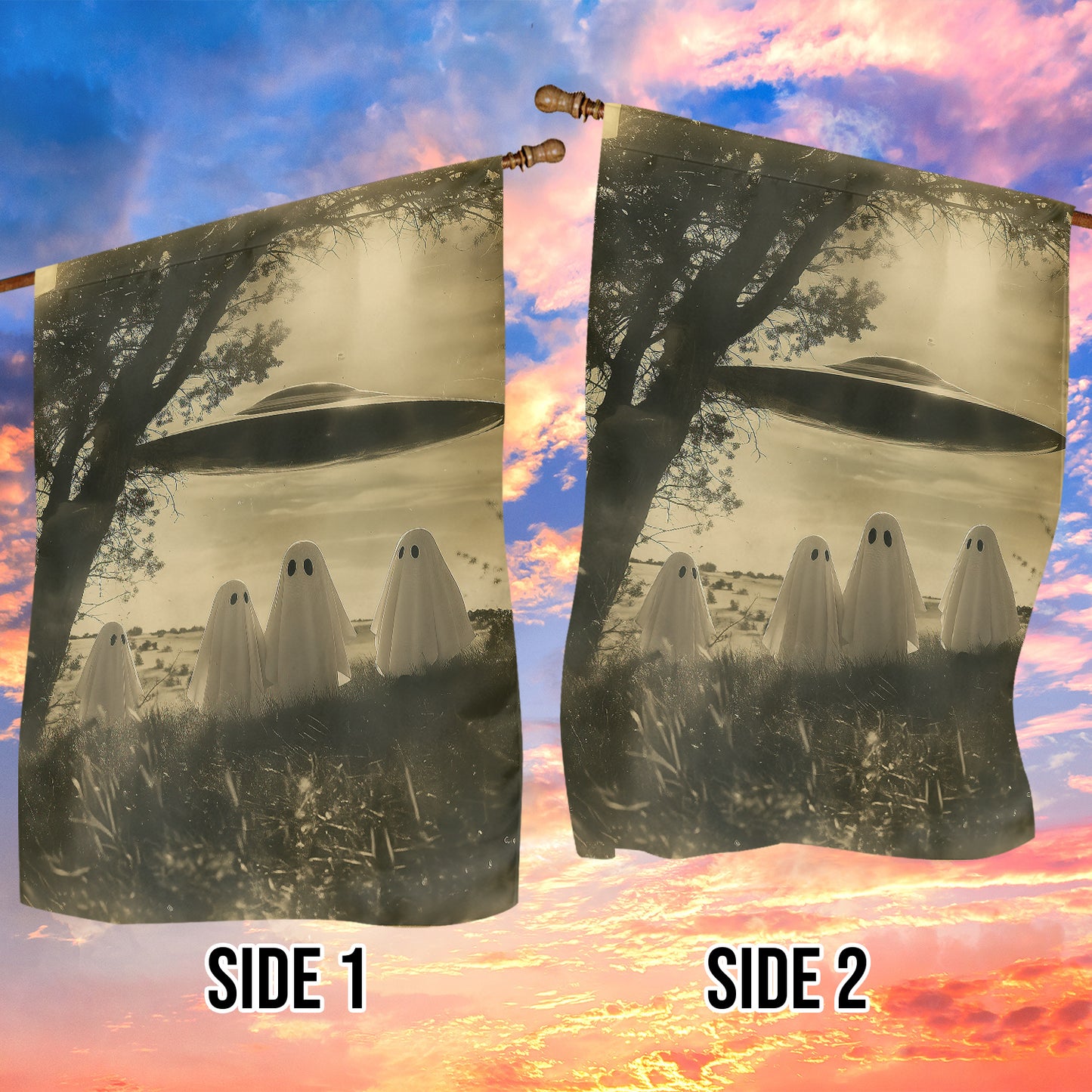 Funny Halloween Ghosts and UFO Garden Flag House Flag, The Magical Garden Yard Flag Spooky Season Gift For Ghost Lovers