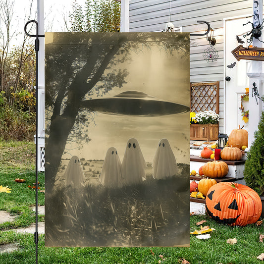 Funny Halloween Ghosts and UFO Garden Flag House Flag, The Magical Garden Yard Flag Spooky Season Gift For Ghost Lovers