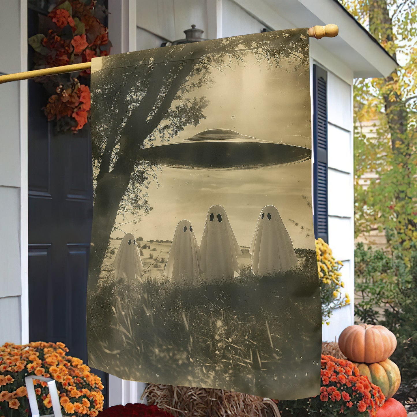 Funny Halloween Ghosts and UFO Garden Flag House Flag, The Magical Garden Yard Flag Spooky Season Gift For Ghost Lovers