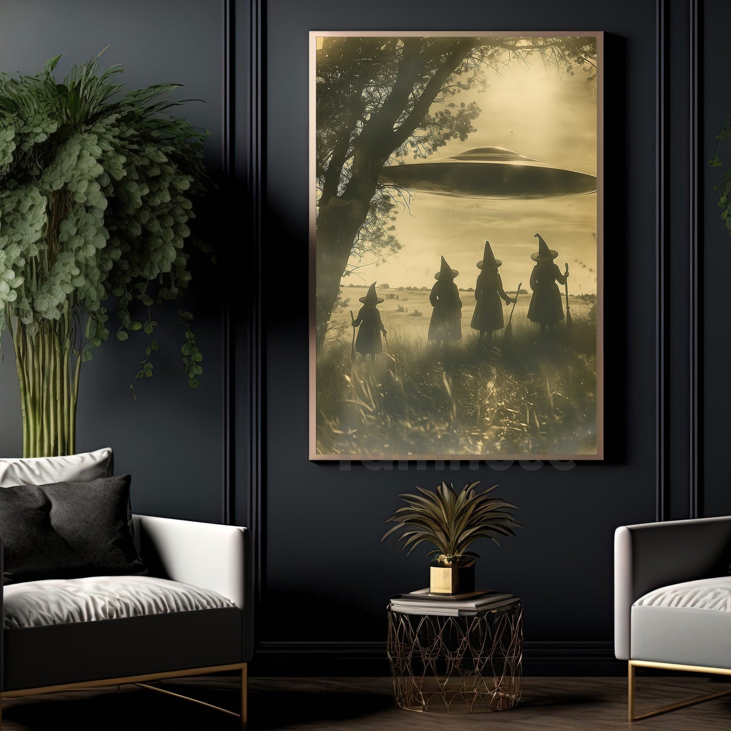 Halloween UFO Witch Canvas Painting, Witch And Spaceship Encounter Wall Art Decor Spooky Season Poster Gift For Witch Lovers