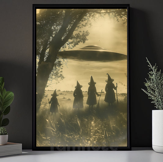 Halloween UFO Witch Canvas Painting, Witch And Spaceship Encounter Wall Art Decor Spooky Season Poster Gift For Witch Lovers