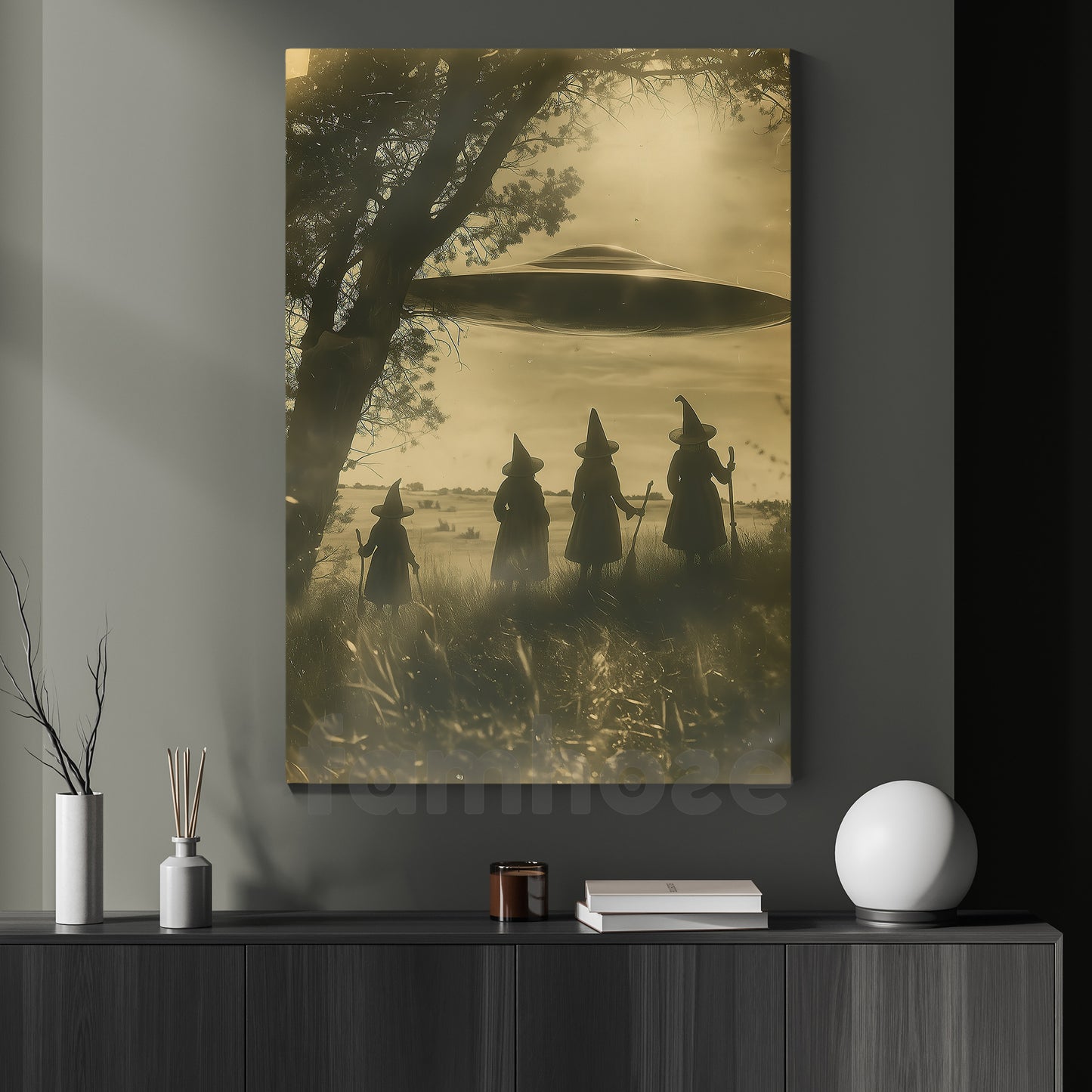 Halloween UFO Witch Canvas Painting, Witch And Spaceship Encounter Wall Art Decor Spooky Season Poster Gift For Witch Lovers