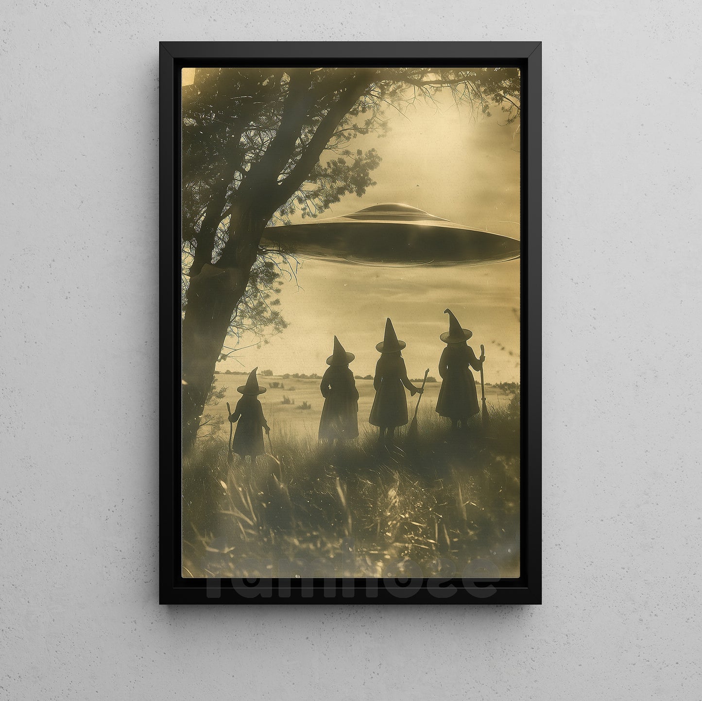 Halloween UFO Witch Canvas Painting, Witch And Spaceship Encounter Wall Art Decor Spooky Season Poster Gift For Witch Lovers