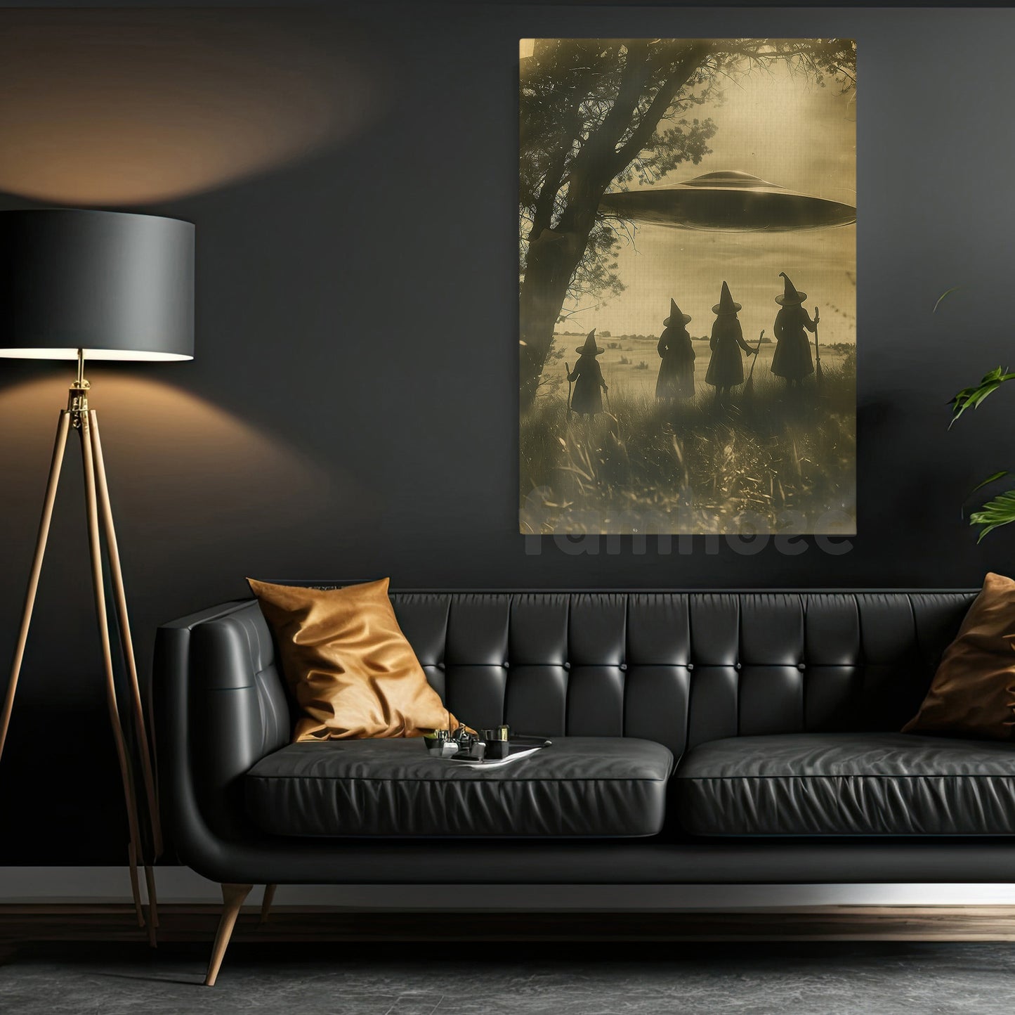 Halloween UFO Witch Canvas Painting, Witch And Spaceship Encounter Wall Art Decor Spooky Season Poster Gift For Witch Lovers
