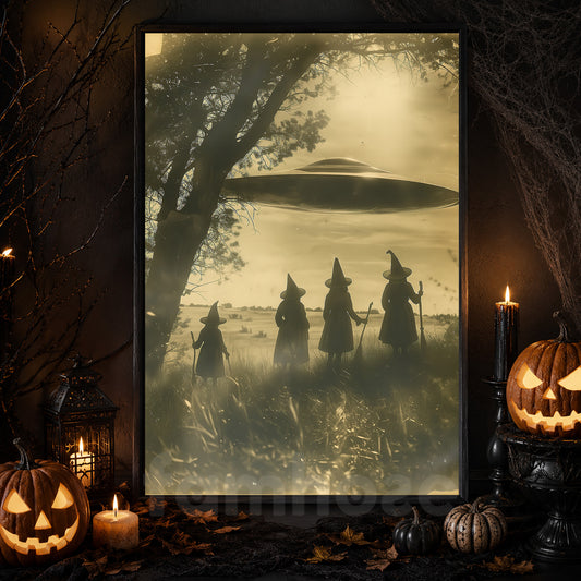 Halloween UFO Witch Canvas Painting, Witch And Spaceship Encounter Wall Art Decor Spooky Season Poster Gift For Witch Lovers