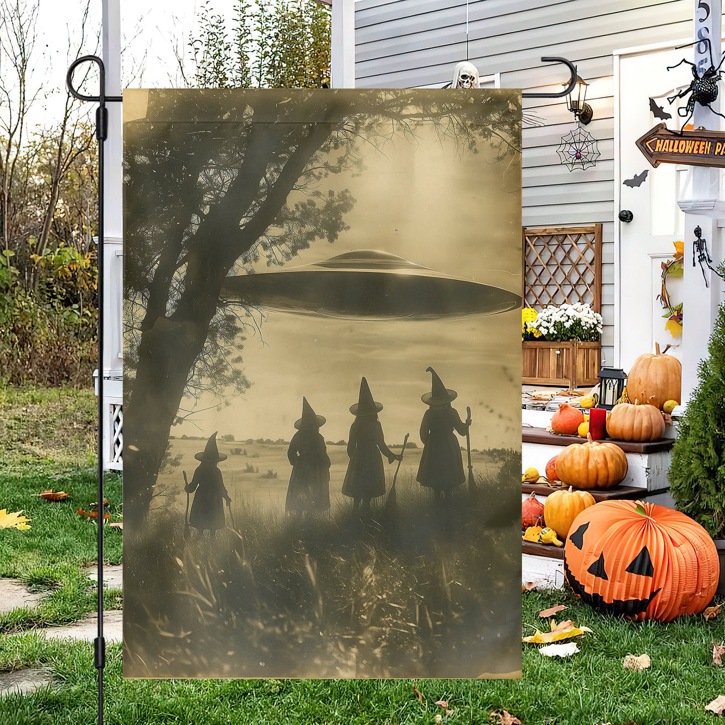 Funny Halloween Witches and UFO Garden Flag House Flag, The Magical Garden Yard Flag Spooky Season Gift For Witch Lovers